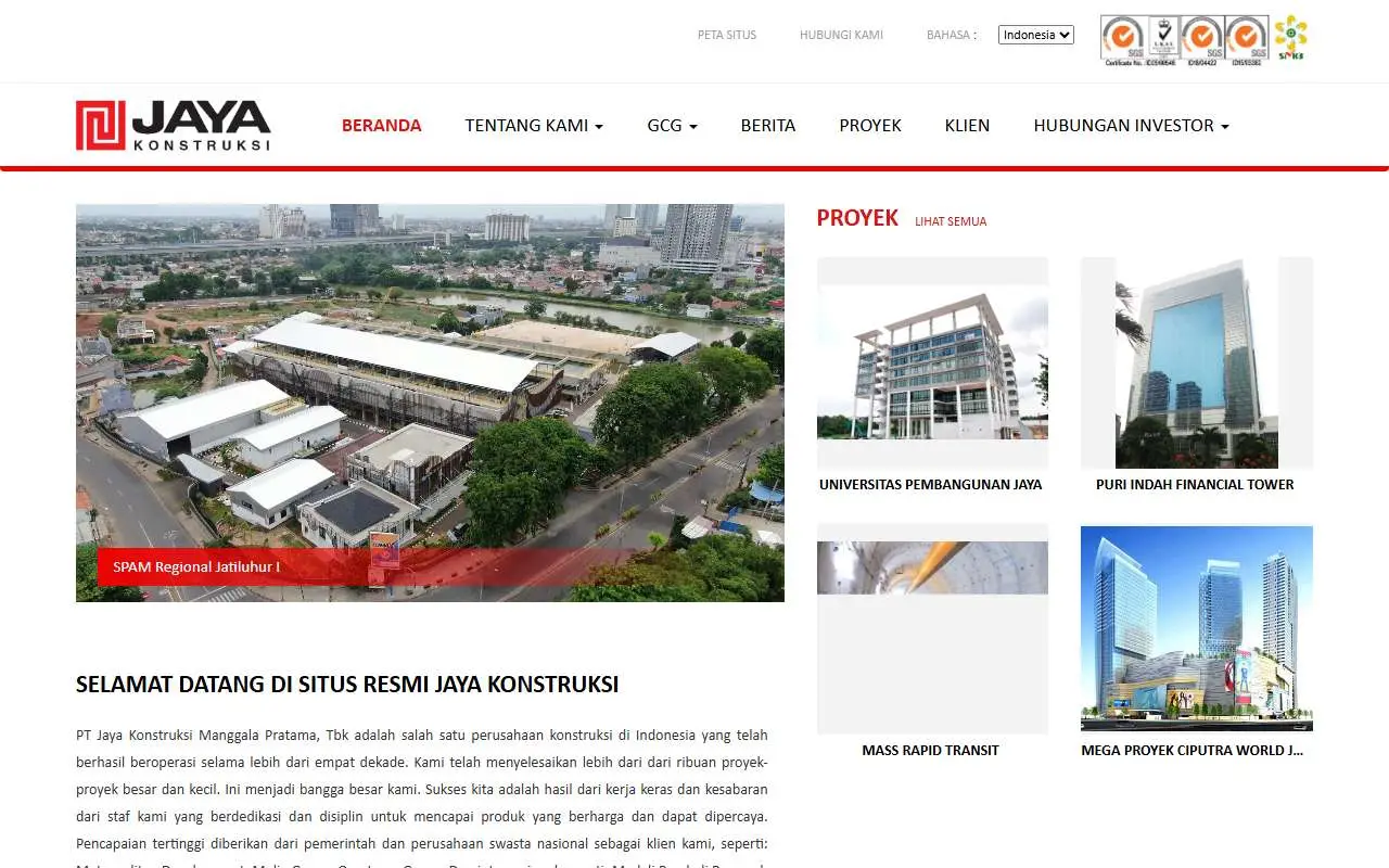 Tampilan website resmi Jaya Konstruksi Manggala Pratama (jayakonstruksi.com)