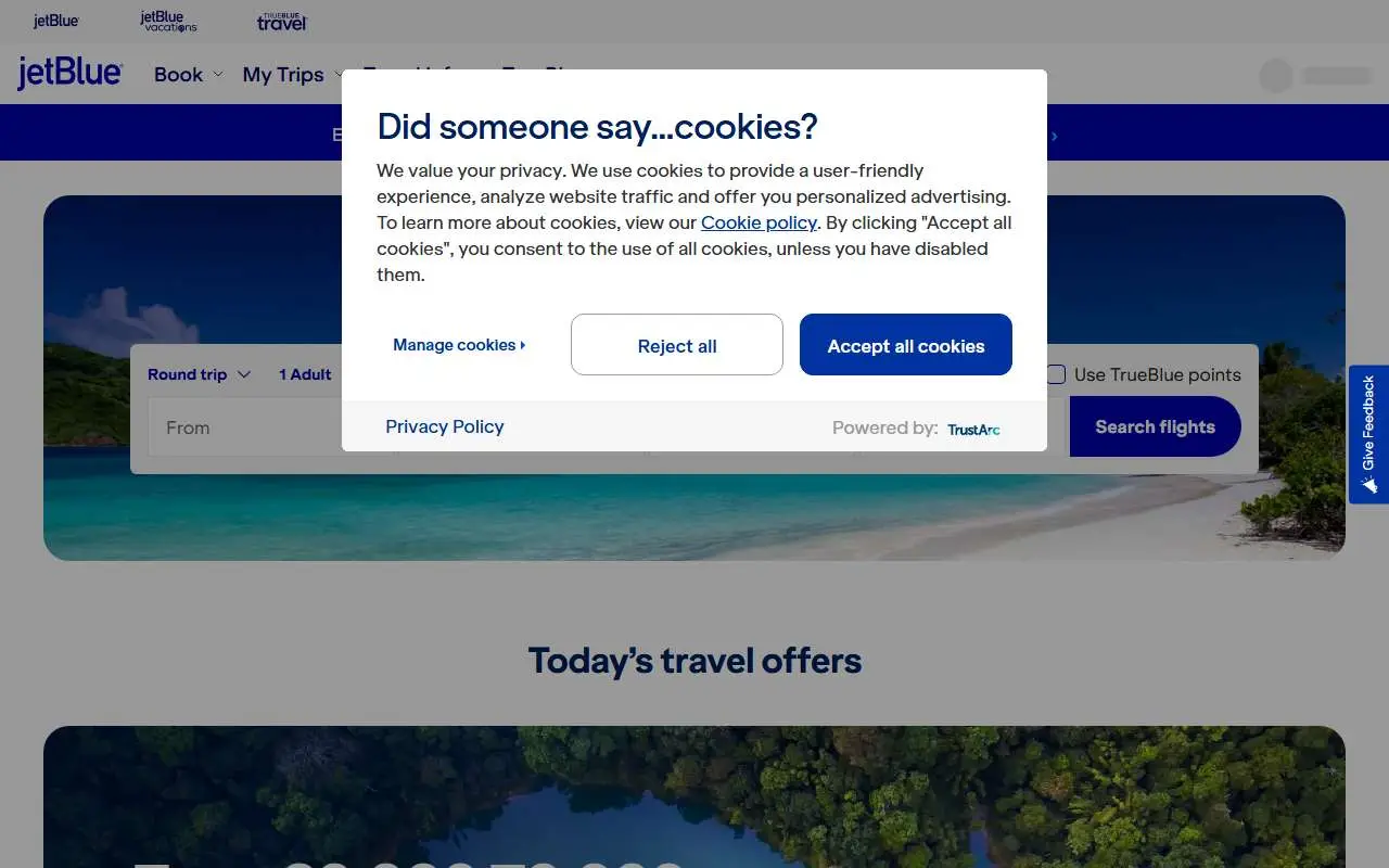 Tampilan website resmi JetBlue Airways (jetblue.com)