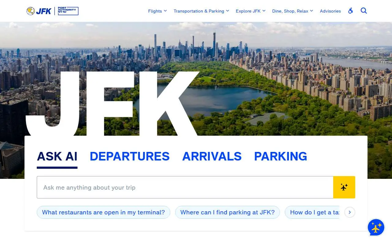 Tampilan website resmi Bandara Internasional John F. Kennedy (jfkairport.com)