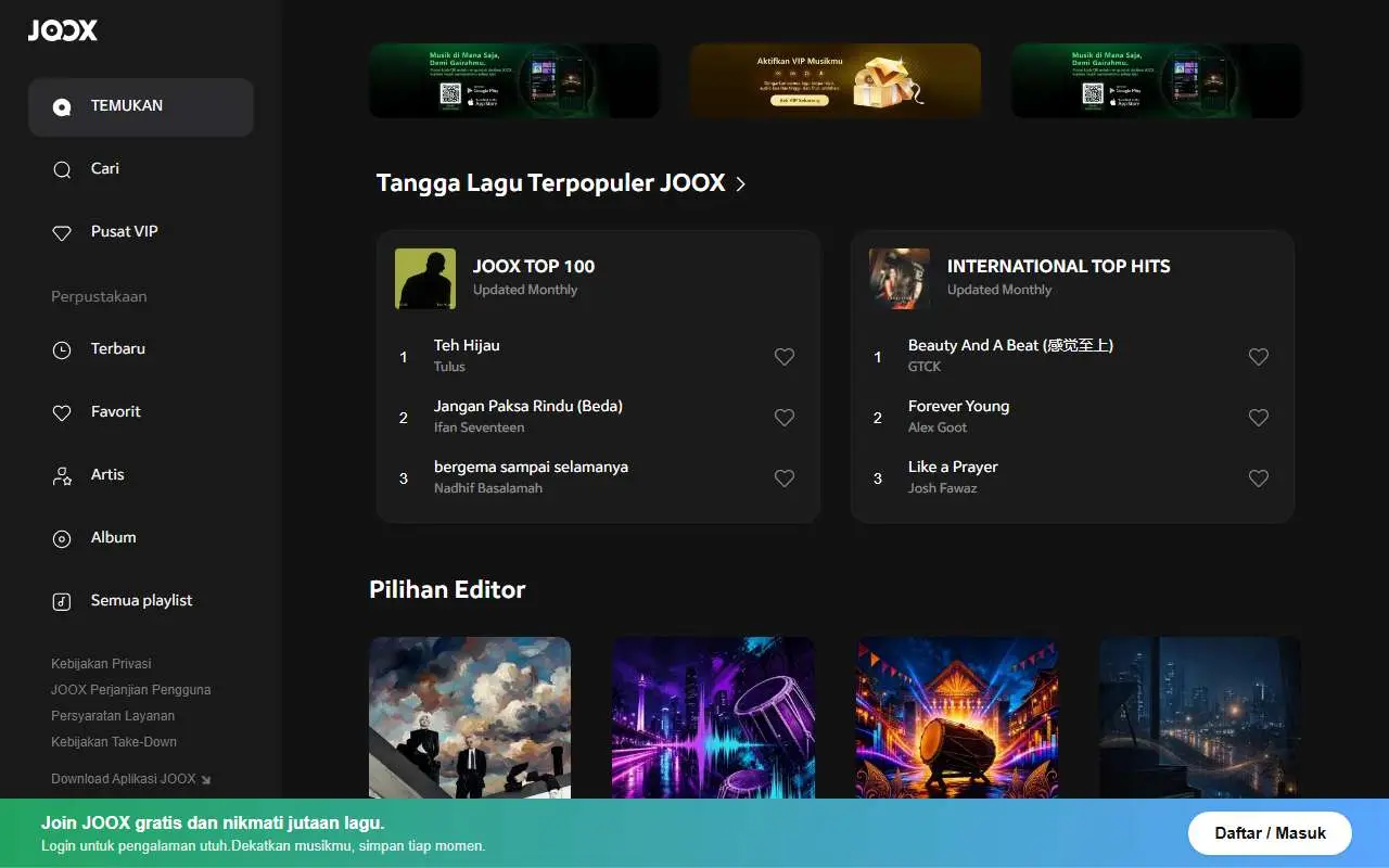 Tampilan website resmi JOOX (joox.com)