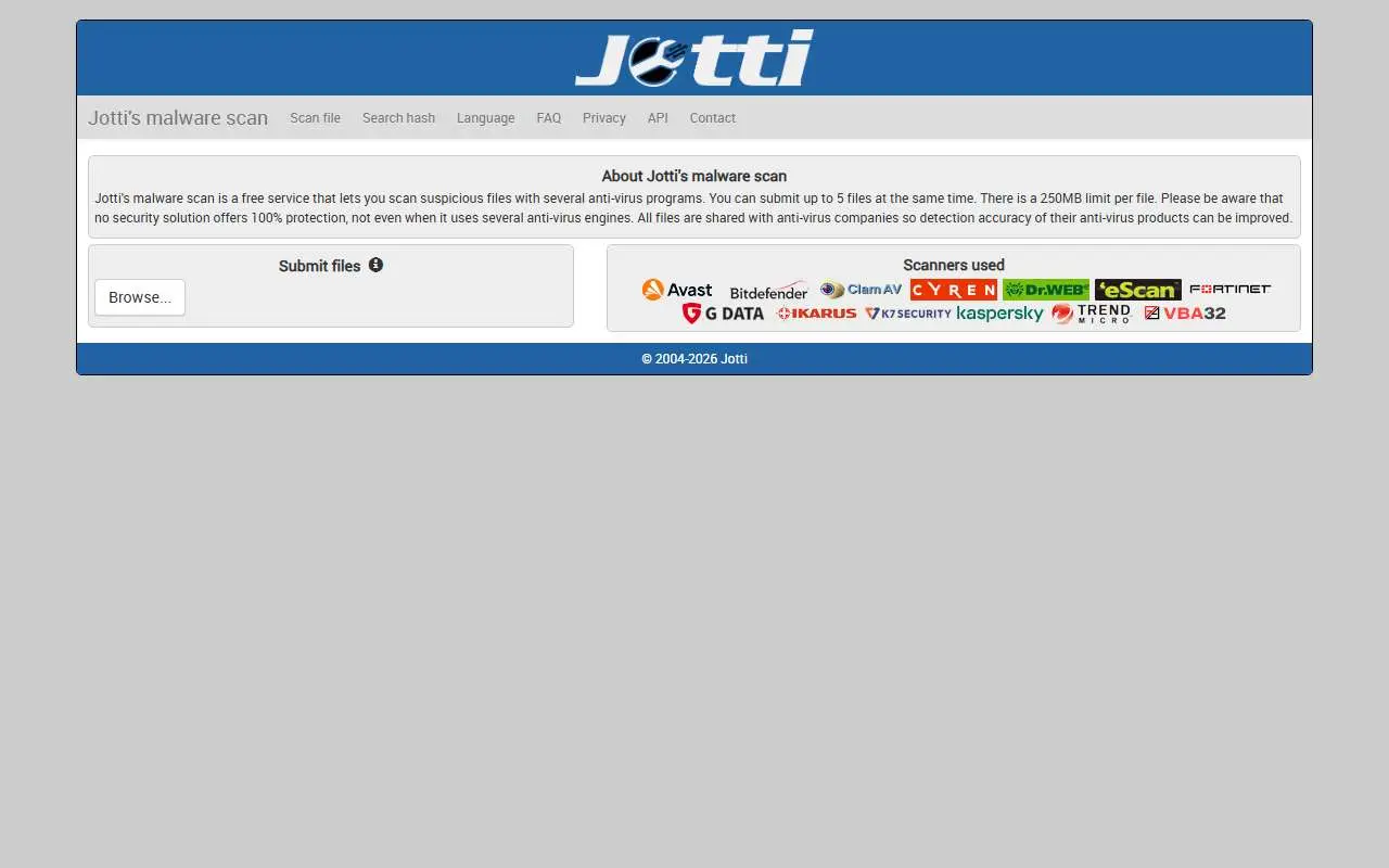 Tampilan website resmi Jotti (virusscan.jotti.org)