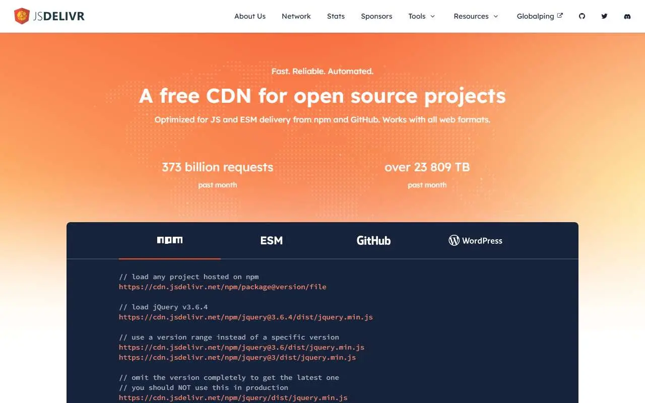 Tampilan website resmi jsDelivr (jsdelivr.com)