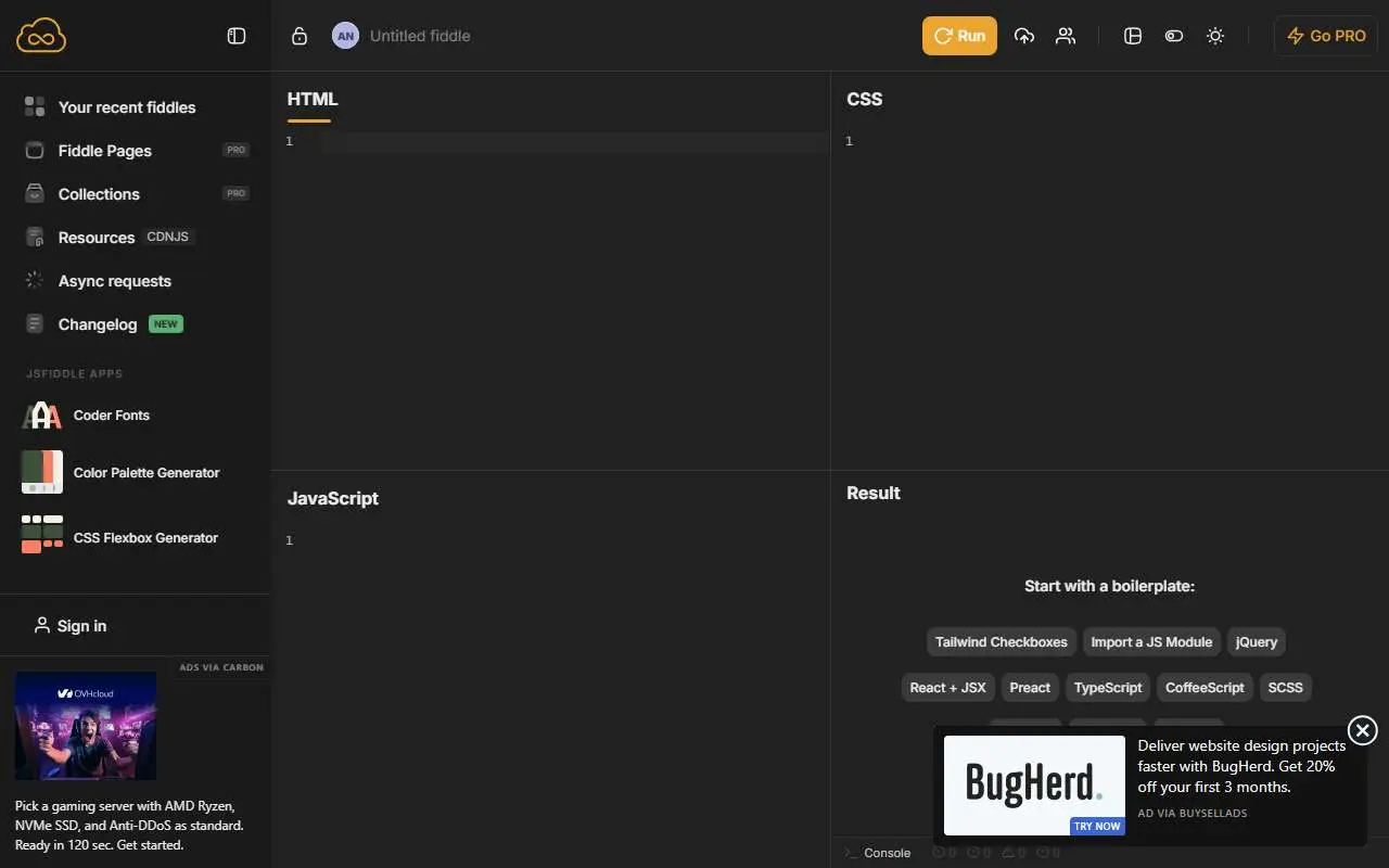 Tampilan website resmi JSFiddle (jsfiddle.net)