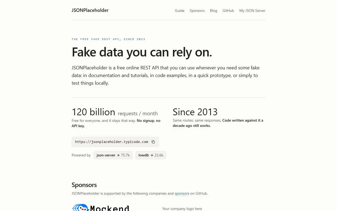 Tampilan website resmi JSONPlaceholder (jsonplaceholder.typicode.com)
