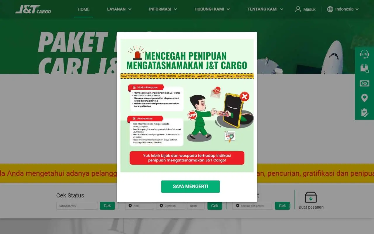 Tampilan website resmi J&T Cargo (jtcargo.id)