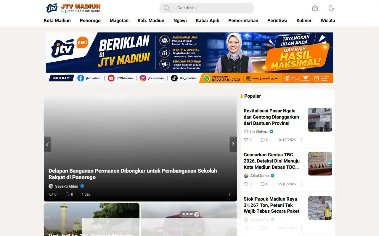 Tampilan website resmi JTV Madiun (jtvmadiun.com)