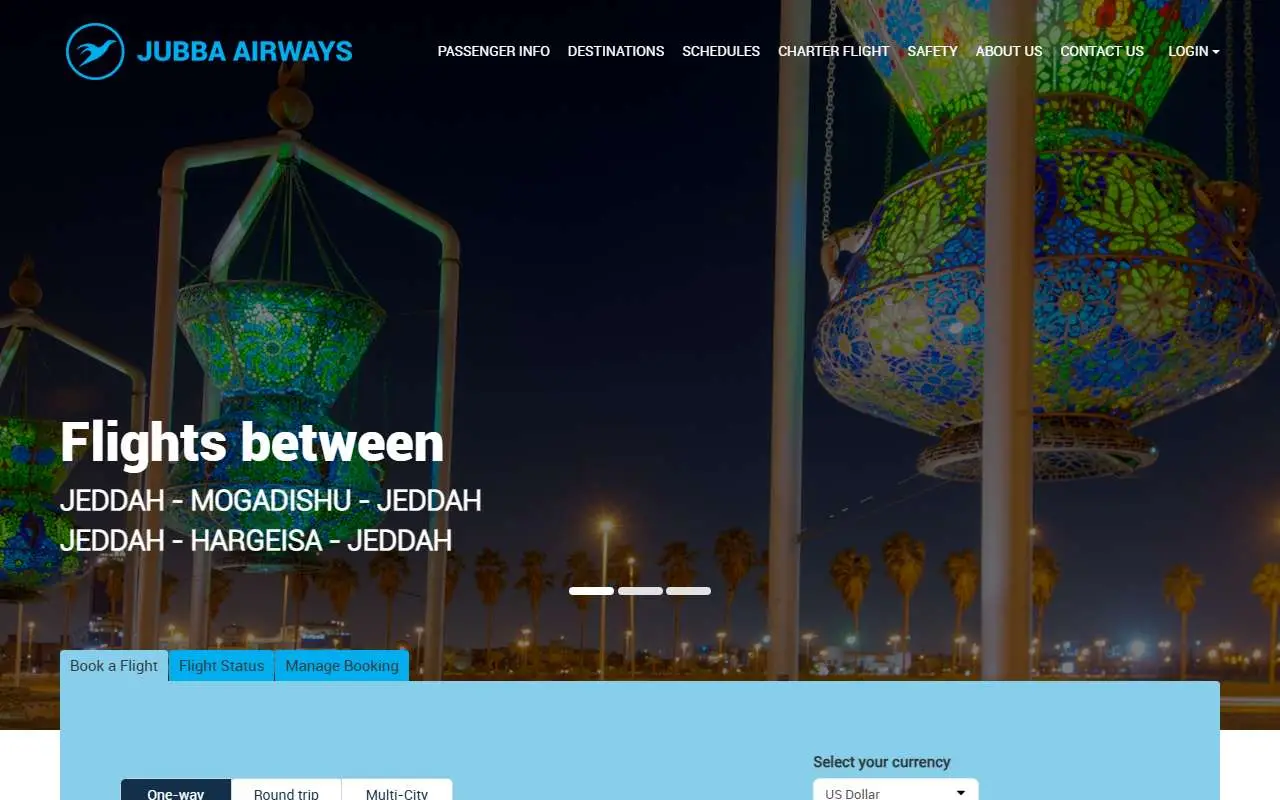 Tampilan website resmi Jubba Airways (jubbaairways.com)