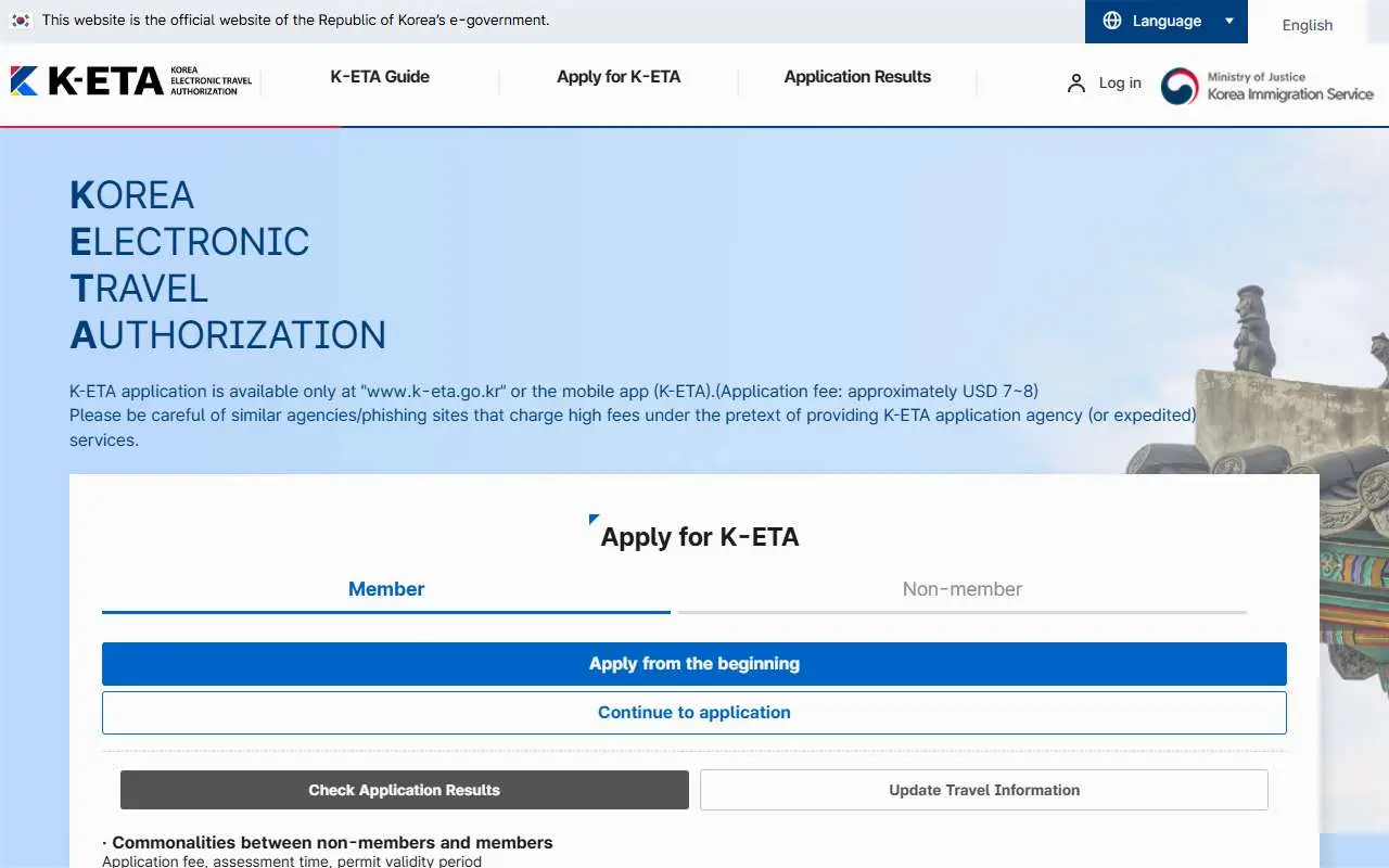 Tampilan website resmi K-ETA Korea (k-eta.go.kr)