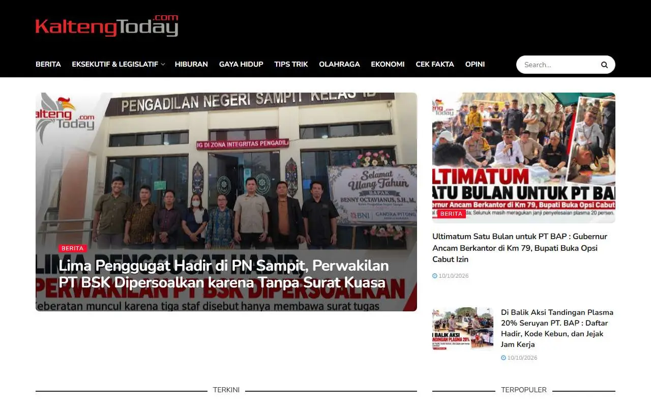 Tampilan website resmi Kalteng Today (kaltengtoday.com)