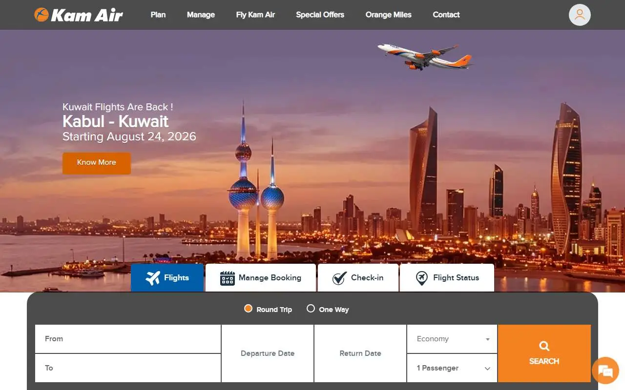 Tampilan website resmi Kam Air (kamair.com)