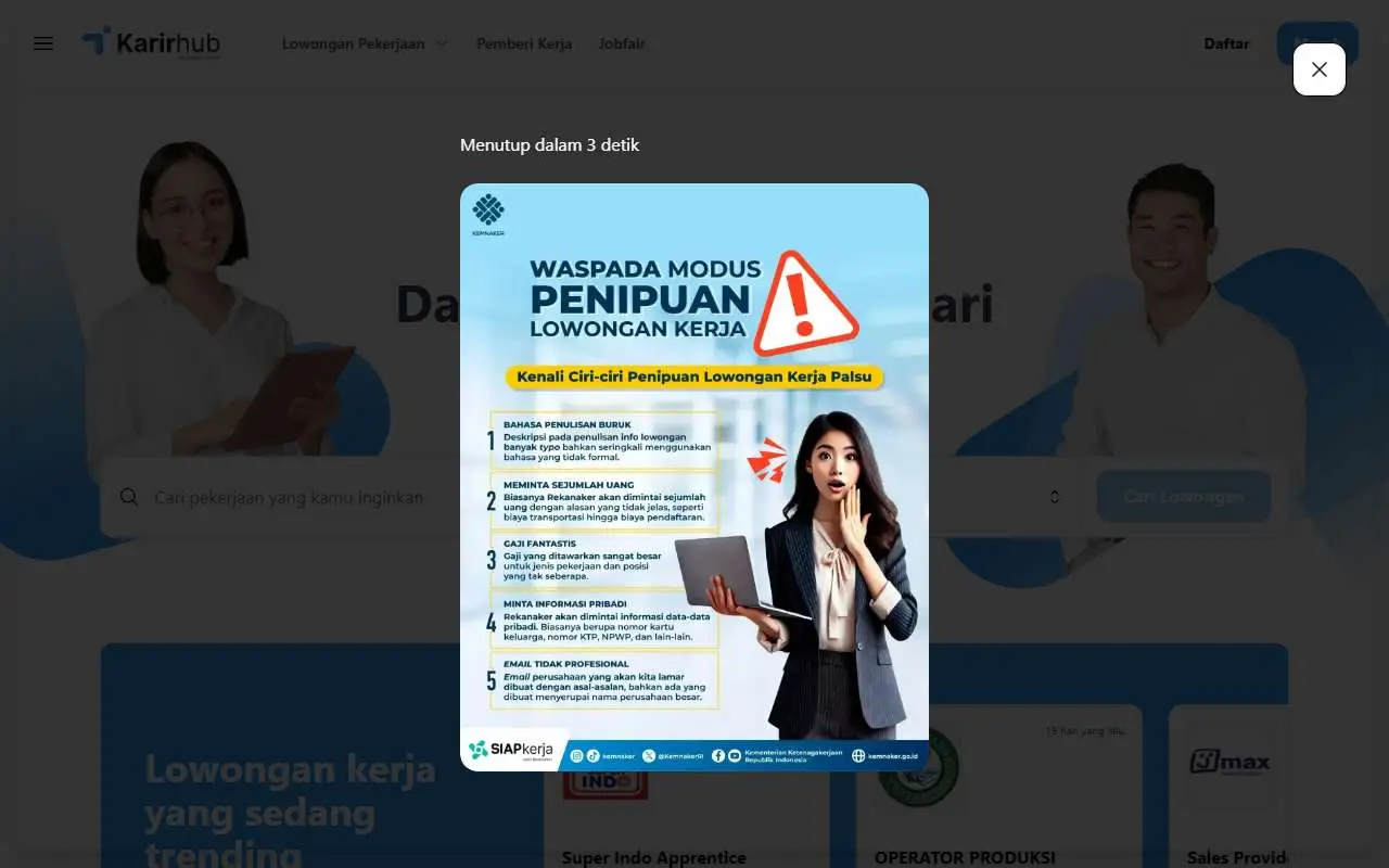 Tampilan website resmi Karirhub Kemnaker (karirhub.kemnaker.go.id)