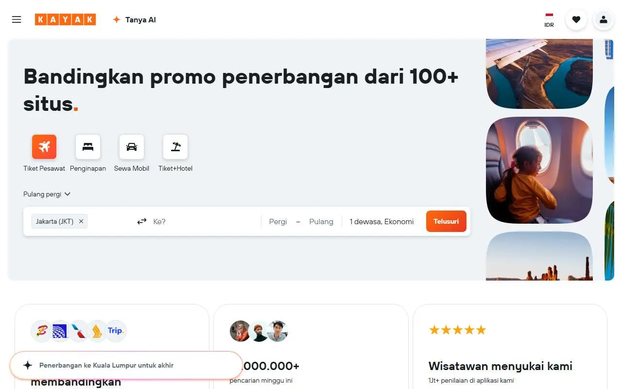 Tampilan website resmi KAYAK (kayak.co.id)