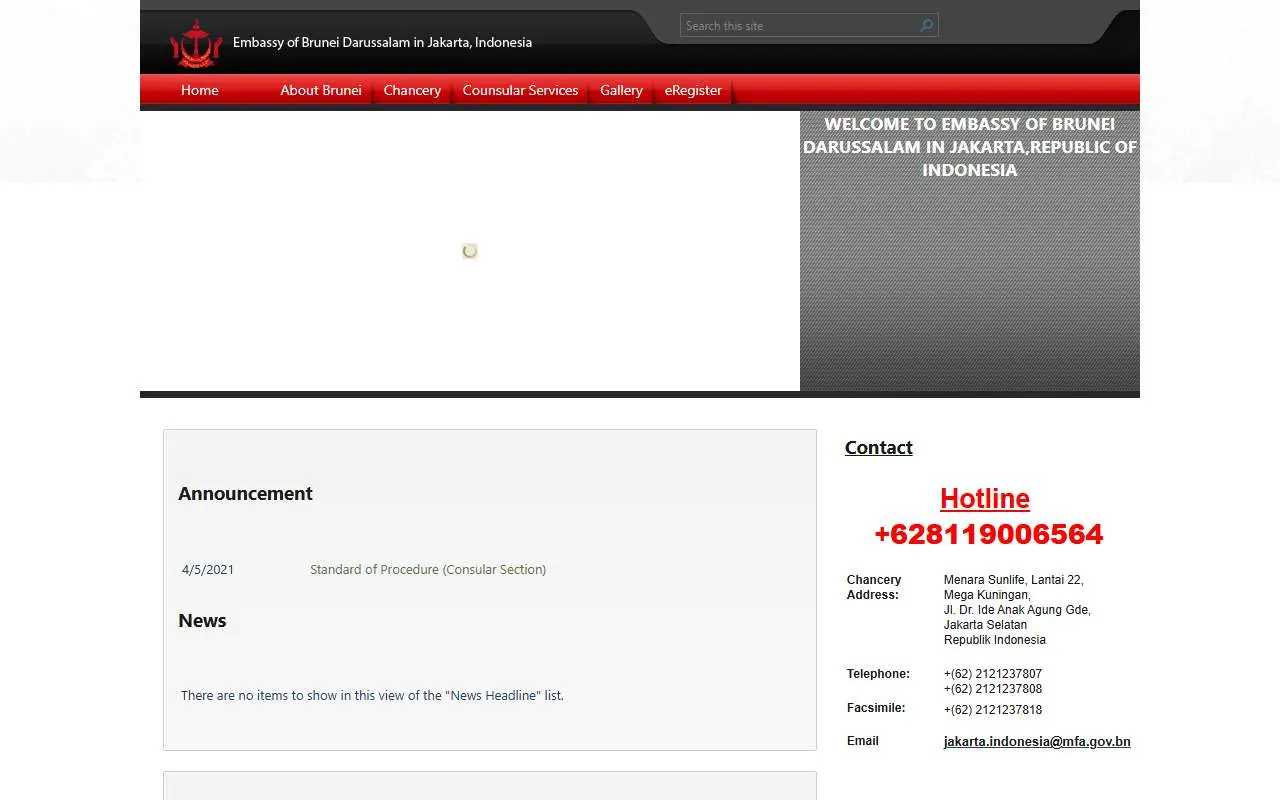 Tampilan website resmi Kedutaan Besar Brunei di Jakarta (mfa.gov.bn)