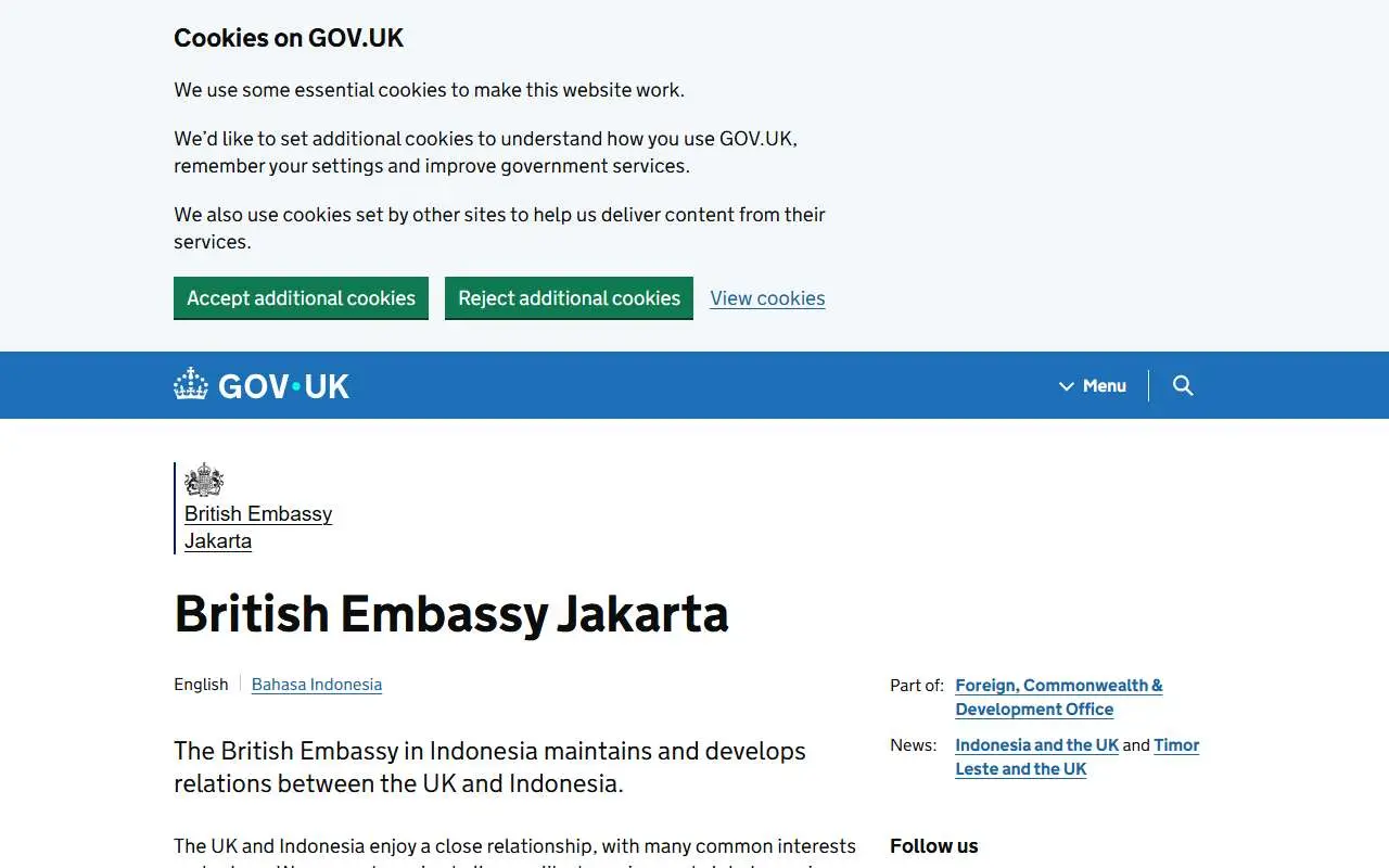 Tampilan website resmi Kedutaan Besar Inggris di Jakarta (gov.uk)