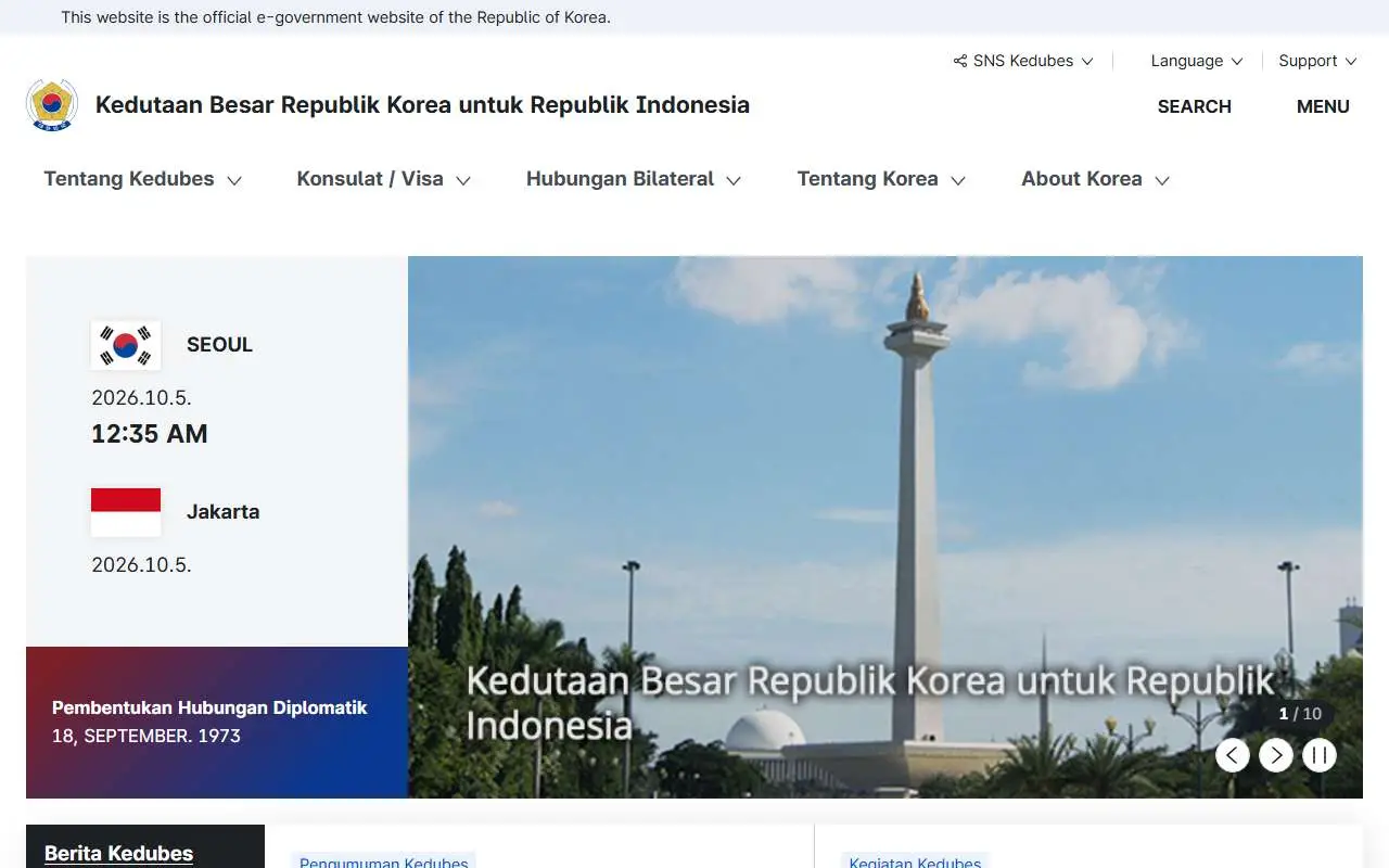 Tampilan website resmi Kedutaan Besar Korea Selatan di Jakarta (overseas.mofa.go.kr)