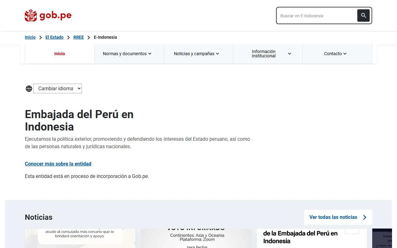 Tampilan website resmi Kedutaan Besar Peru di Jakarta (gob.pe)
