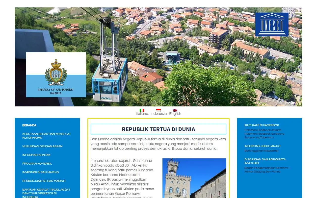 Tampilan website resmi Kedutaan Besar San Marino di Jakarta (rsm-indonesia.com)