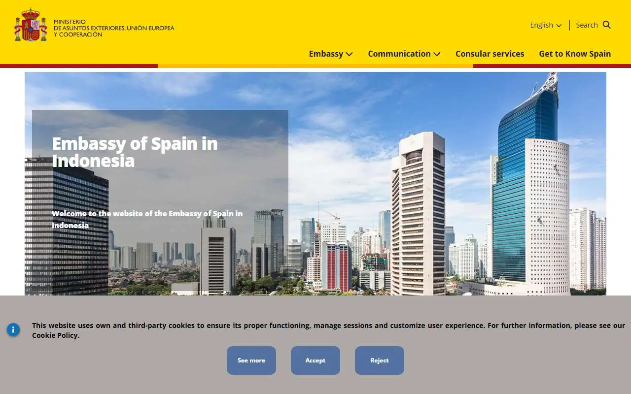 Tampilan website resmi Kedutaan Besar Spanyol di Jakarta (exteriores.gob.es)