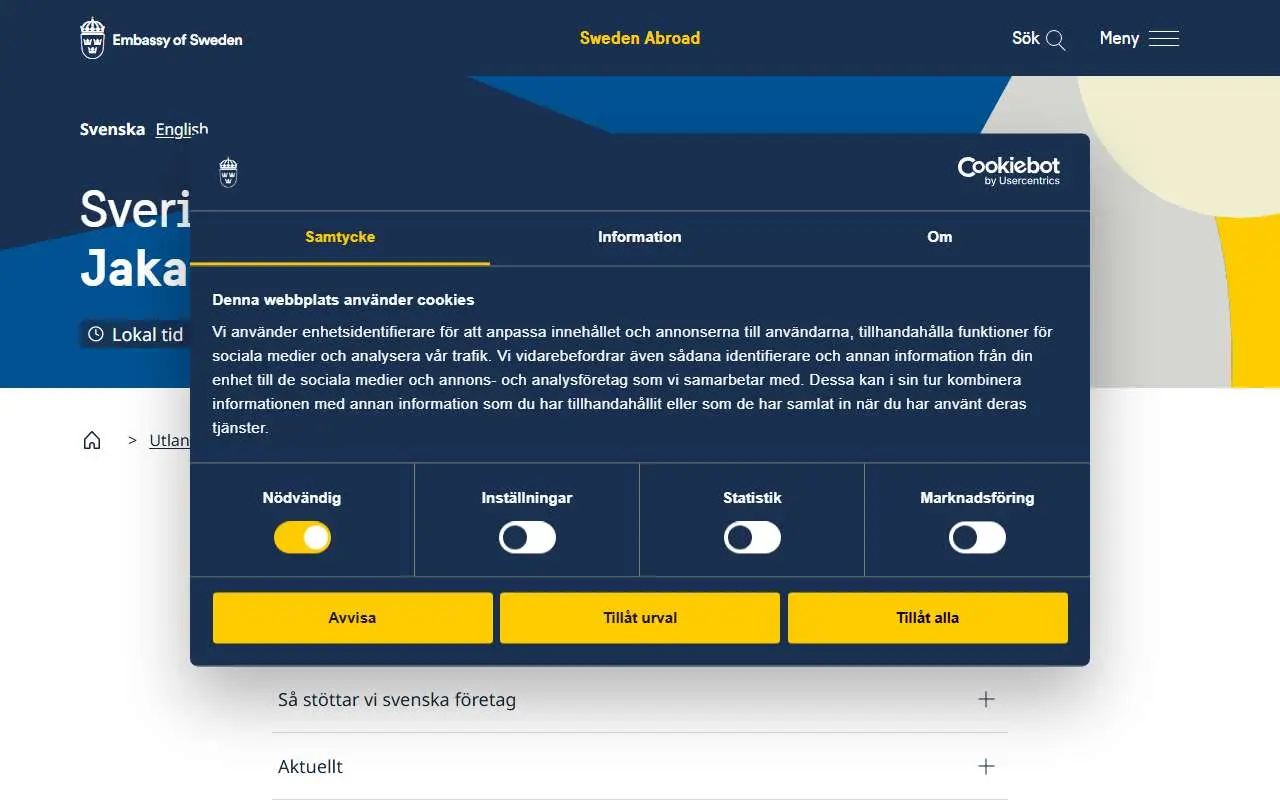 Tampilan website resmi Kedutaan Besar Swedia di Jakarta (swedenabroad.se)