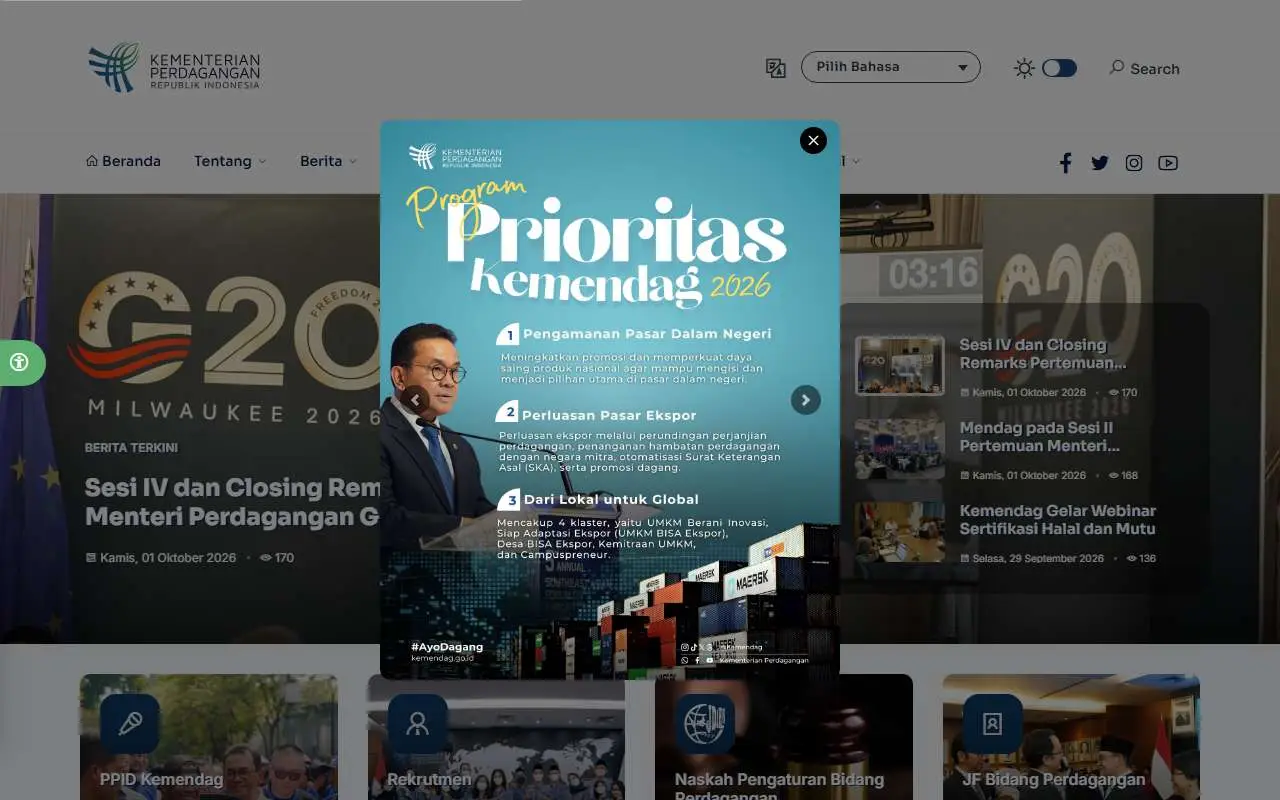 Tampilan website resmi Kementerian Perdagangan (kemendag.go.id)