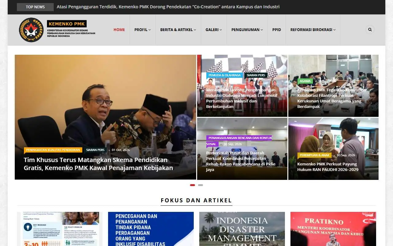 Tampilan website resmi Kemenko PMK (kemenkopmk.go.id)