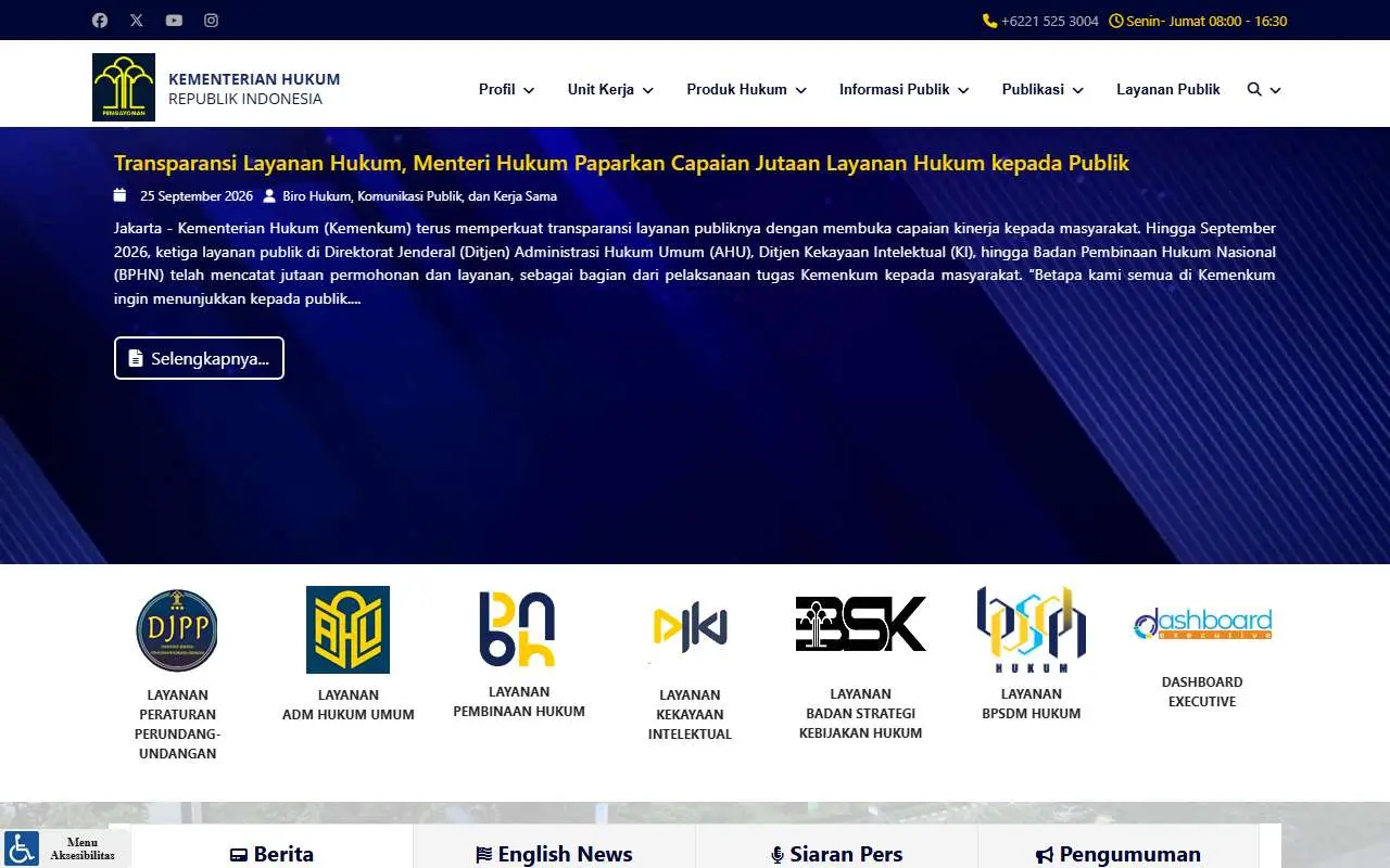Tampilan website resmi Kementerian Hukum (kemenkum.go.id)
