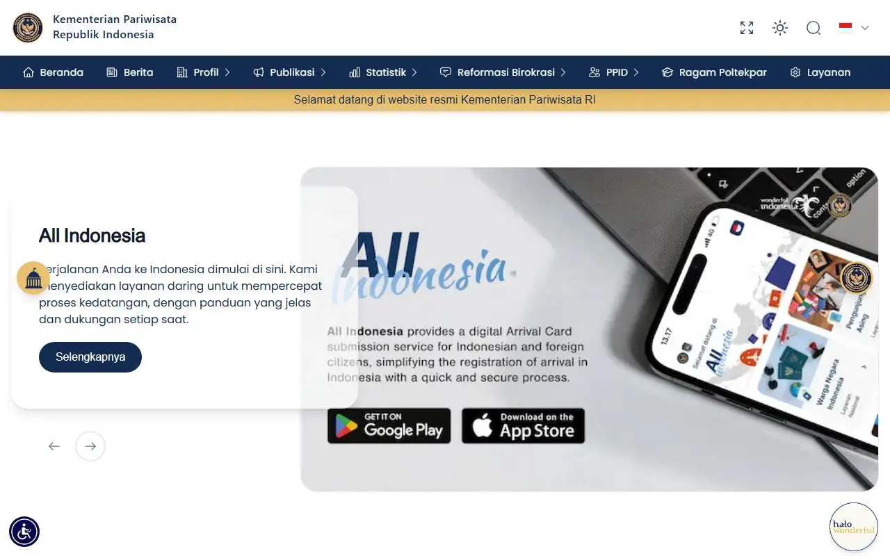 Tampilan website resmi Kementerian Pariwisata (kemenpar.go.id)