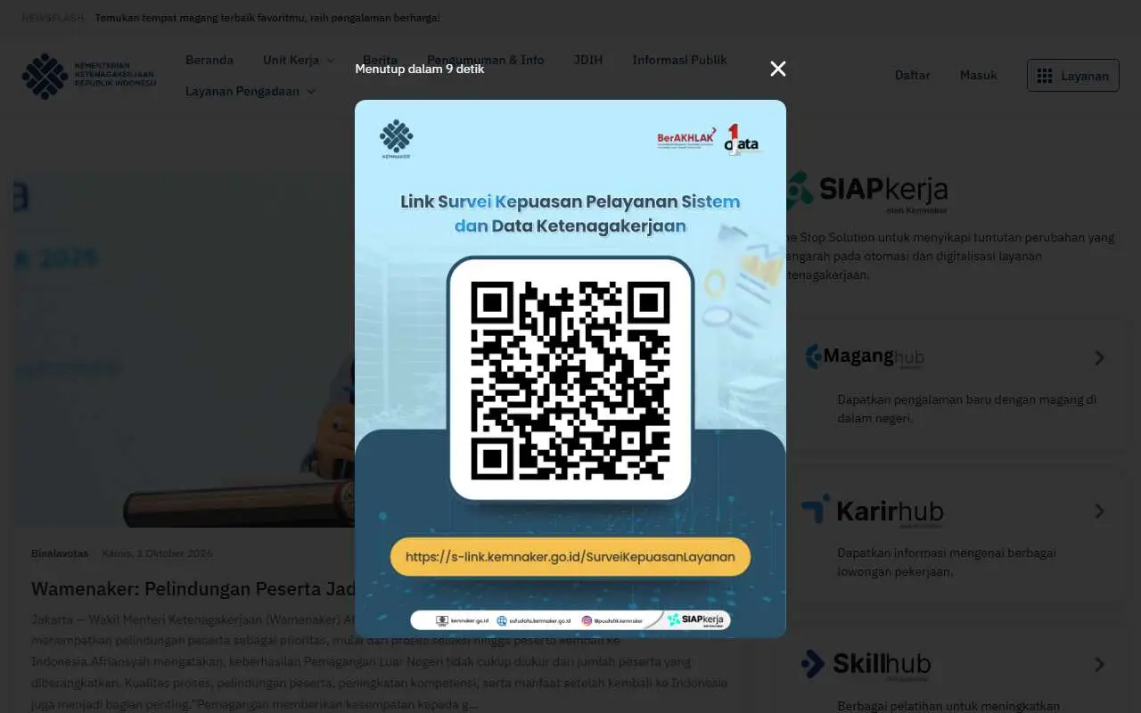 Tampilan website resmi Kementerian Ketenagakerjaan (kemnaker.go.id)