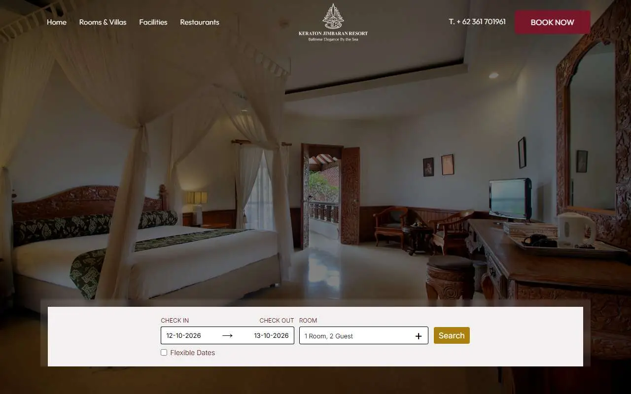Tampilan website resmi Keraton Jimbaran Resort (keratonjimbaranresort.com)
