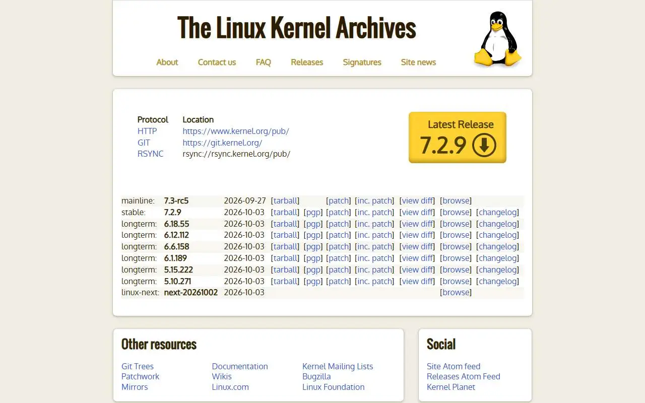 Tampilan website resmi The Linux Kernel Archives (kernel.org)