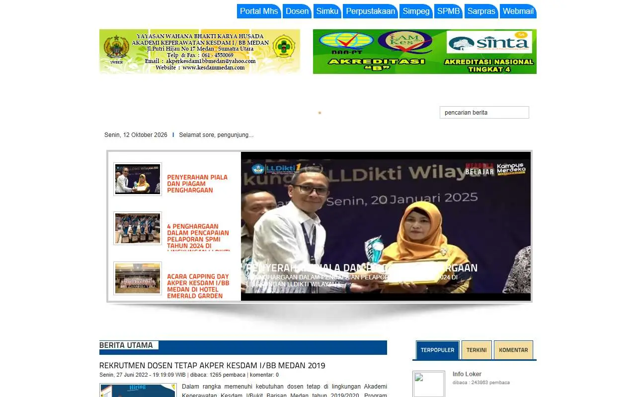 Tampilan website resmi Akper Kesdam I/BB Medan (kesdammedan.ac.id)