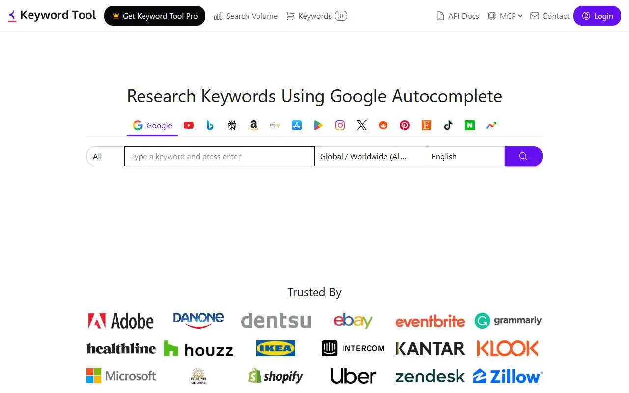 Tampilan website resmi Keyword Tool (keywordtool.io)