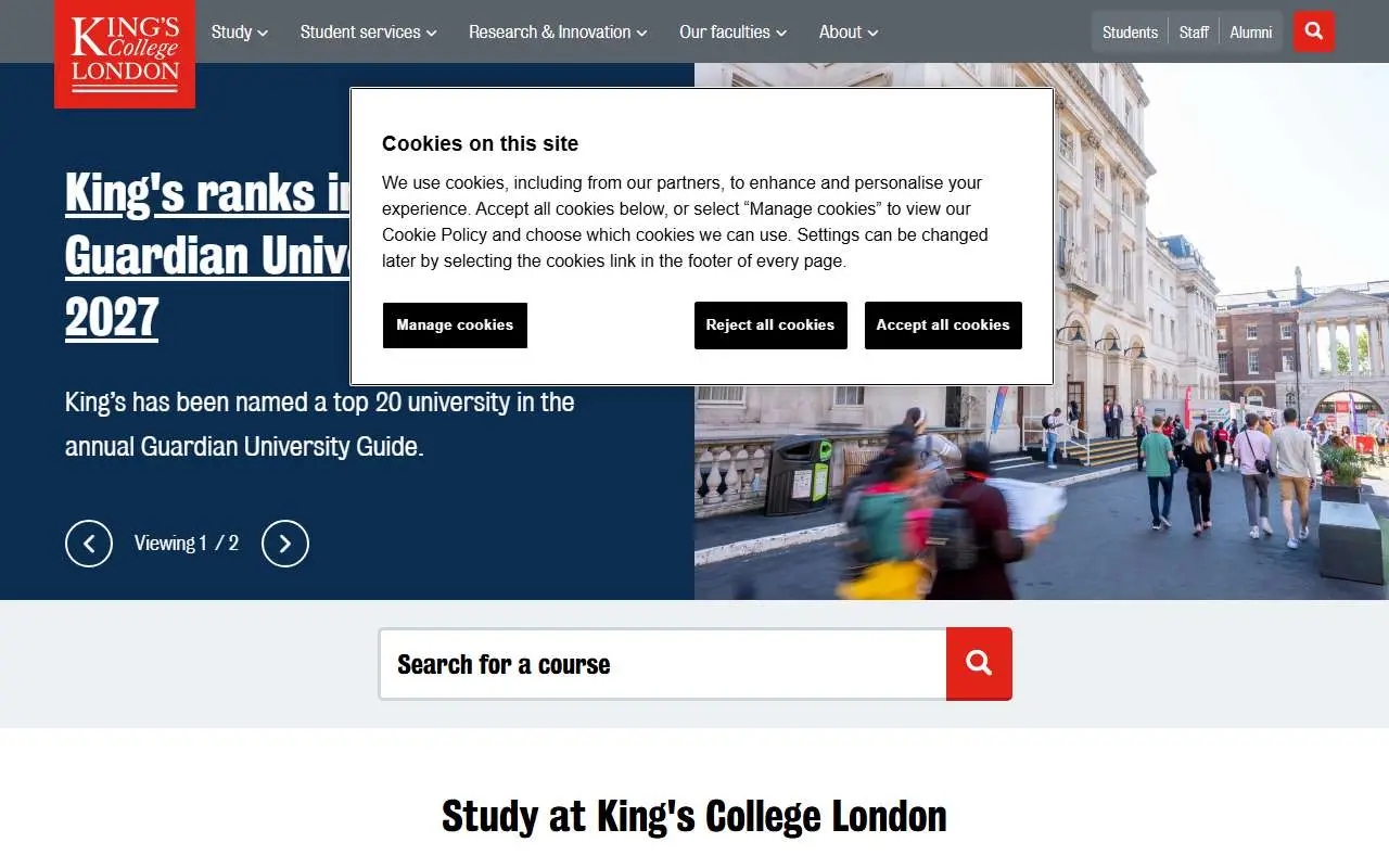 Tampilan website resmi King's College London (kcl.ac.uk)