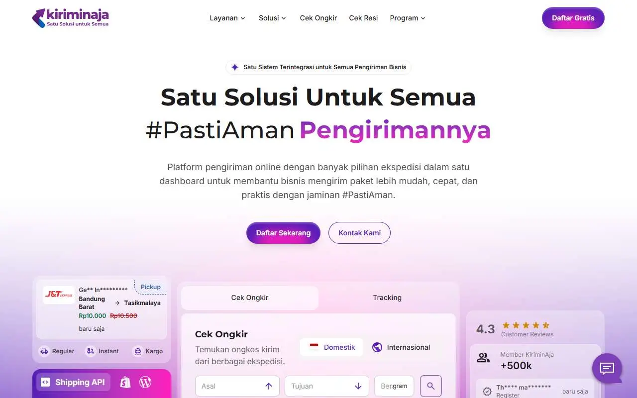 Tampilan website resmi KiriminAja (kiriminaja.com)