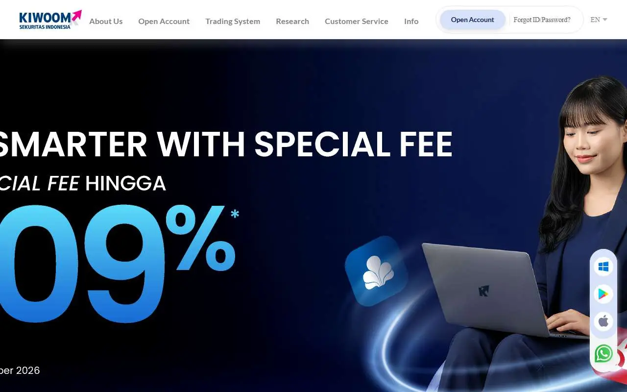 Tampilan website resmi Kiwoom Sekuritas (kiwoom.co.id)