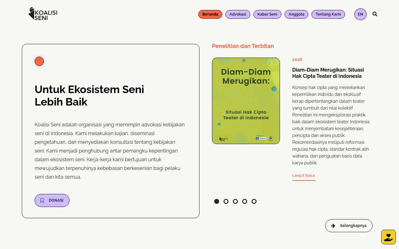 Tampilan website resmi Koalisi Seni (koalisiseni.or.id)