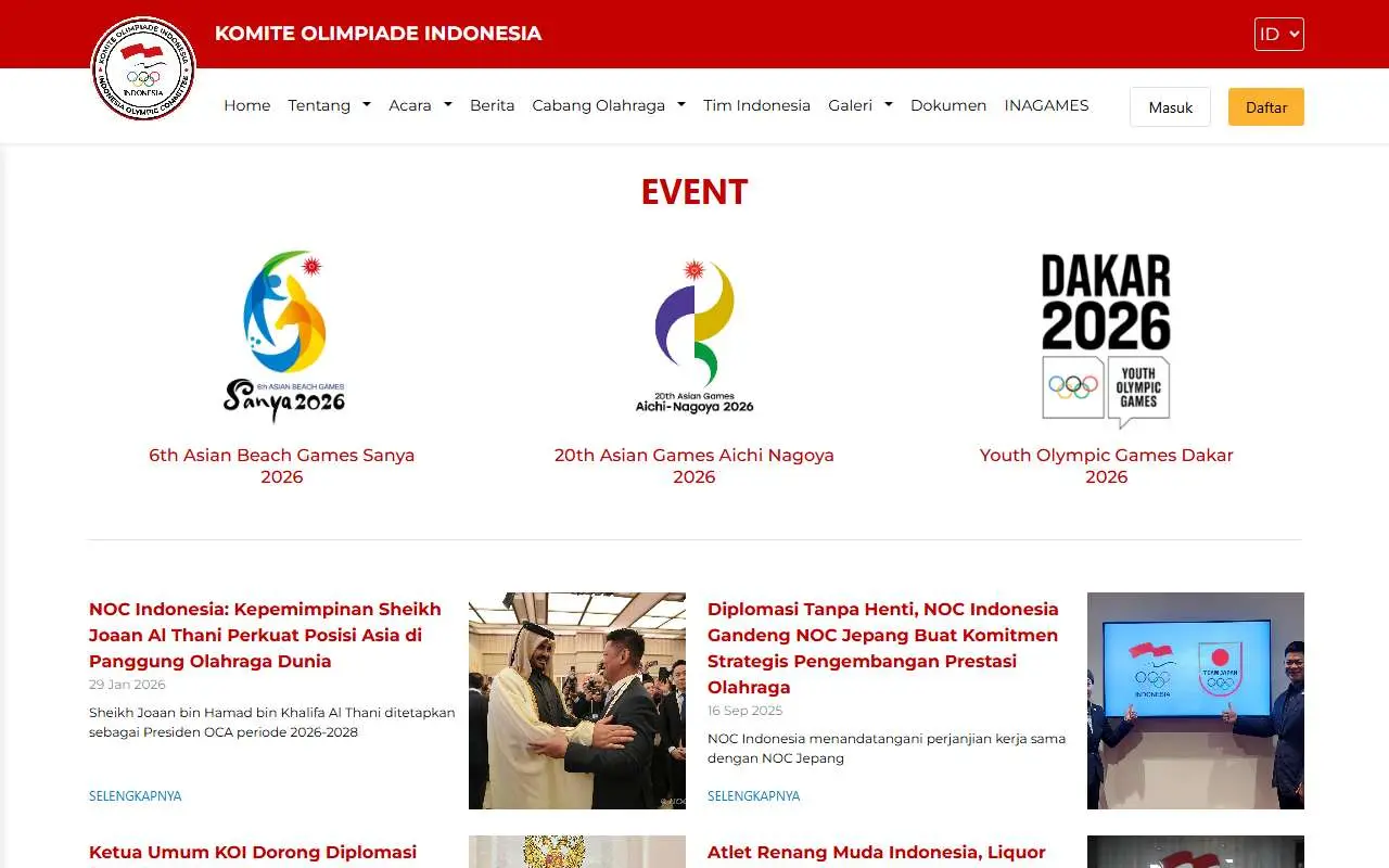 Tampilan website resmi Komite Olimpiade Indonesia (nocindonesia.id)
