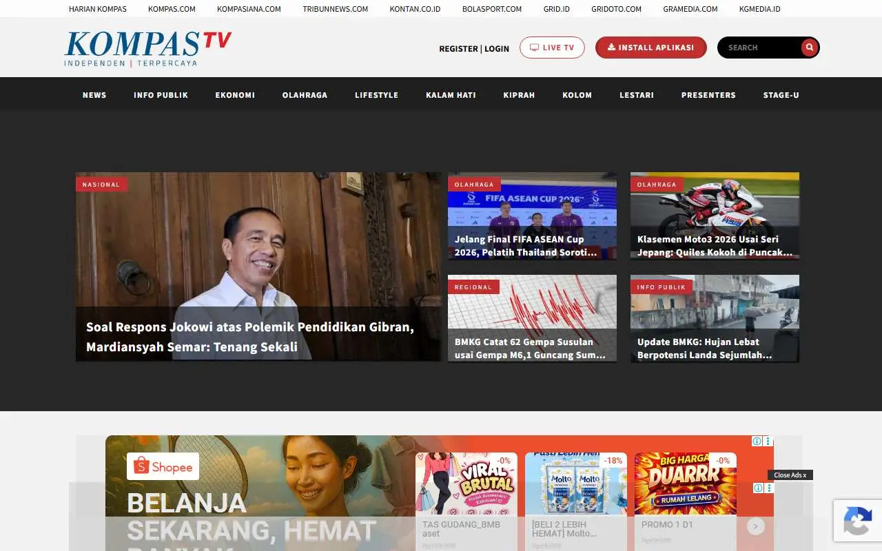 Tampilan website resmi Kompas TV (kompas.tv)