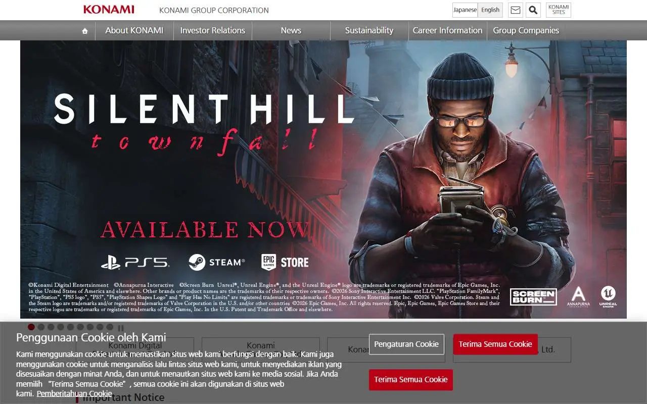 Tampilan website resmi Konami (konami.com)