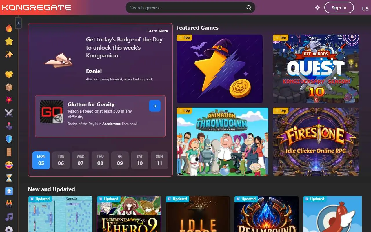 Tampilan website resmi Kongregate (kongregate.com)