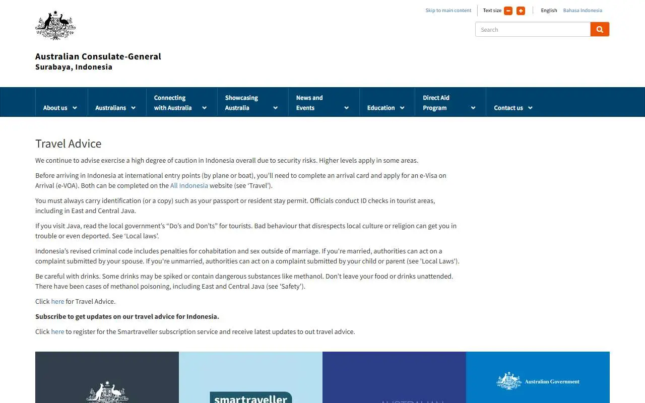 Tampilan website resmi Konsulat Jenderal Australia di Surabaya (surabaya.consulate.gov.au)