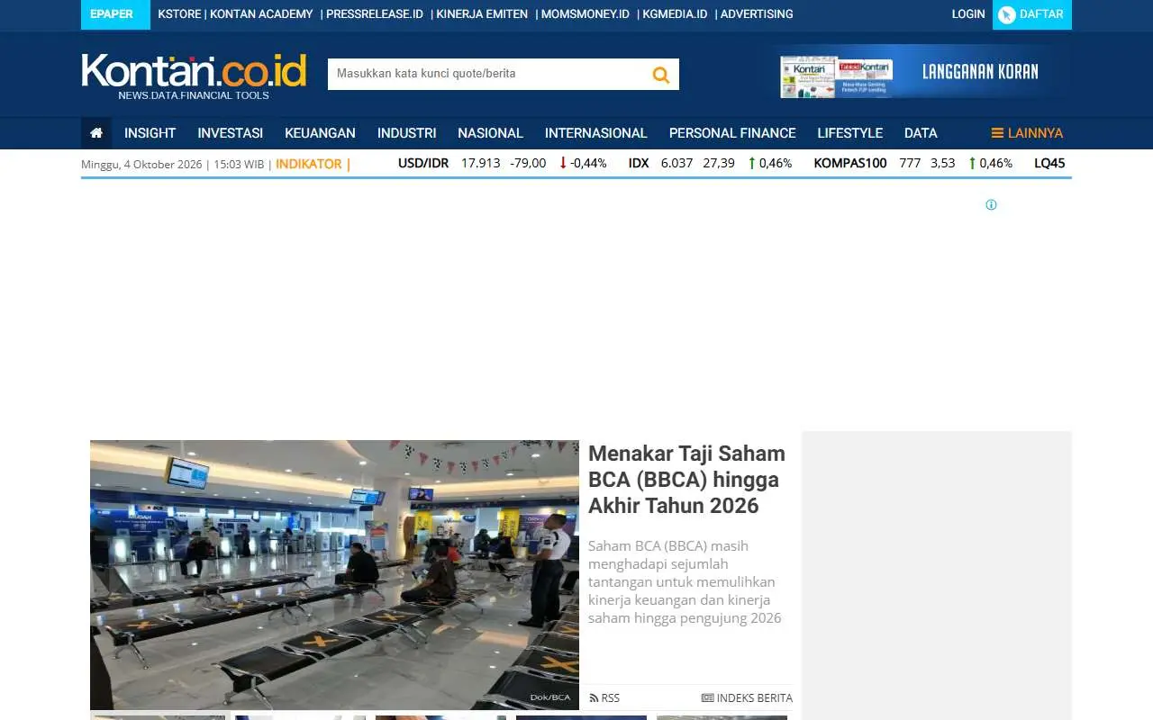 Tampilan website resmi Kontan (kontan.co.id)