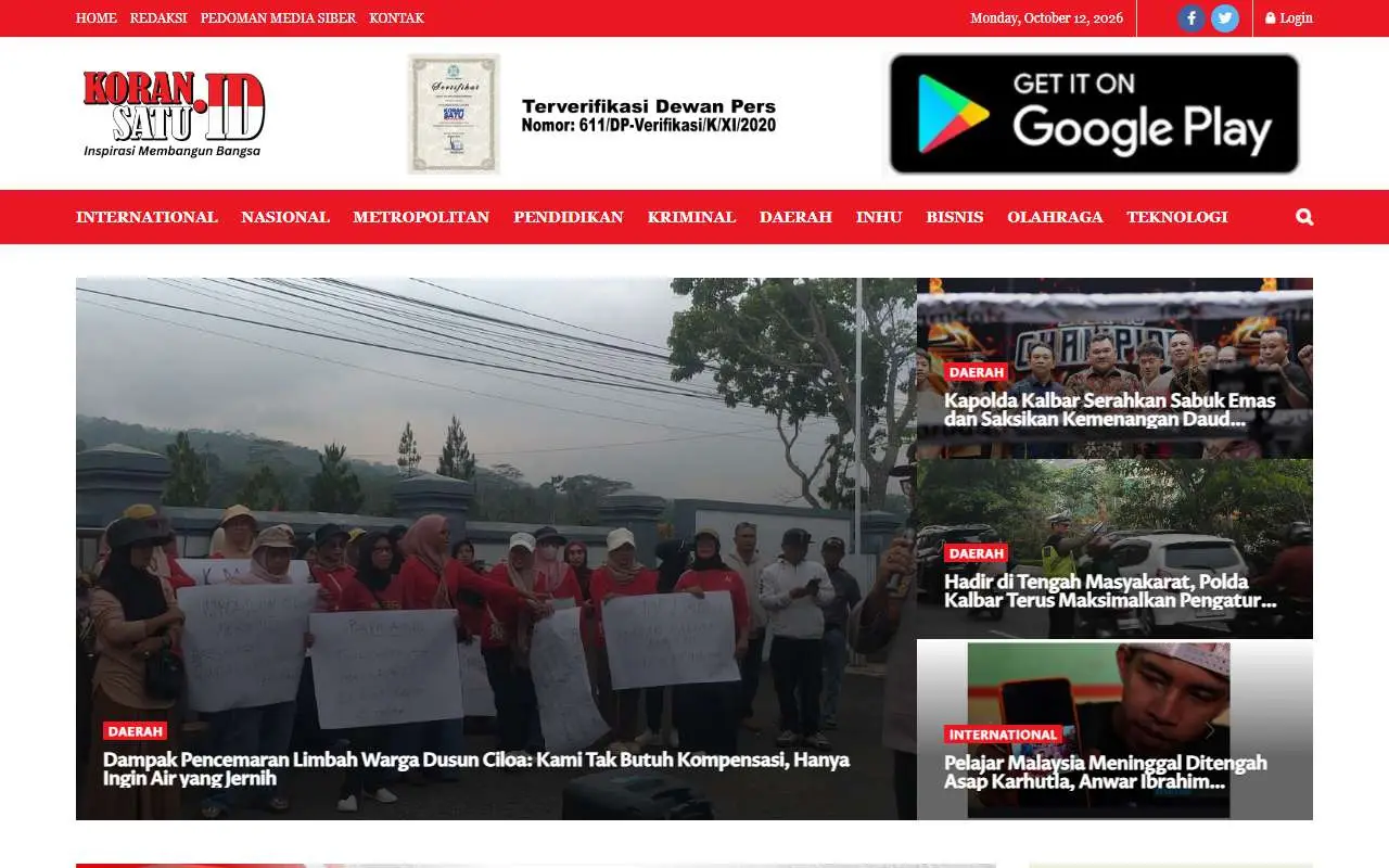 Tampilan website resmi KORANSATU.ID (koransatu.id)