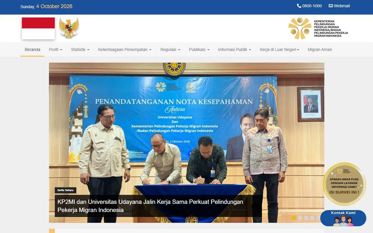 Tampilan website resmi Kementerian Pelindungan Pekerja Migran (kp2mi.go.id)