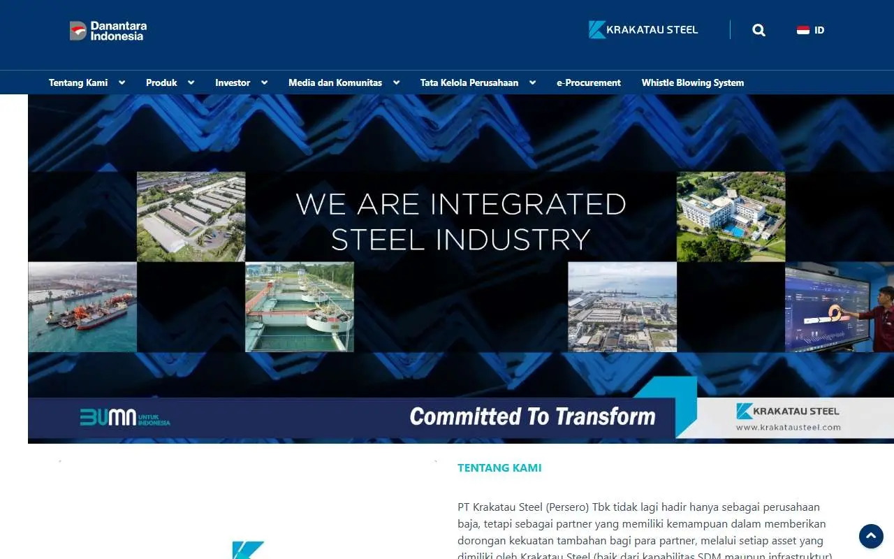 Tampilan website resmi Krakatau Steel (krakatausteel.com)