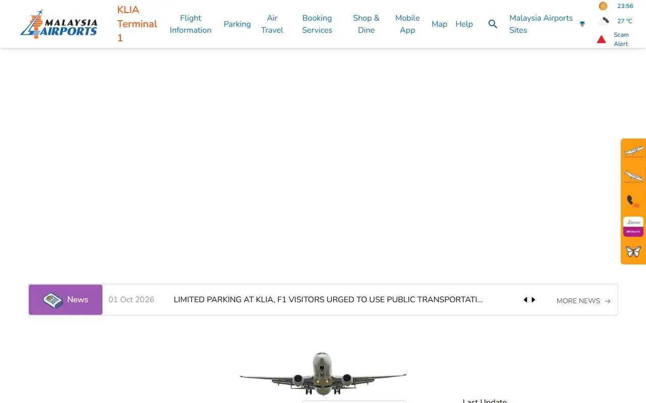 Tampilan website resmi Bandara Internasional Kuala Lumpur (airports.malaysiaairports.com.my)