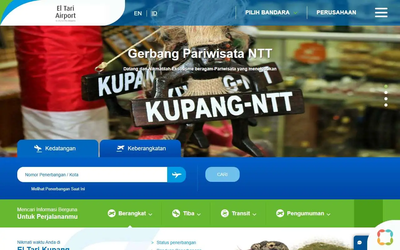 Tampilan website resmi Bandara El Tari Kupang (kupang-airport.com)
