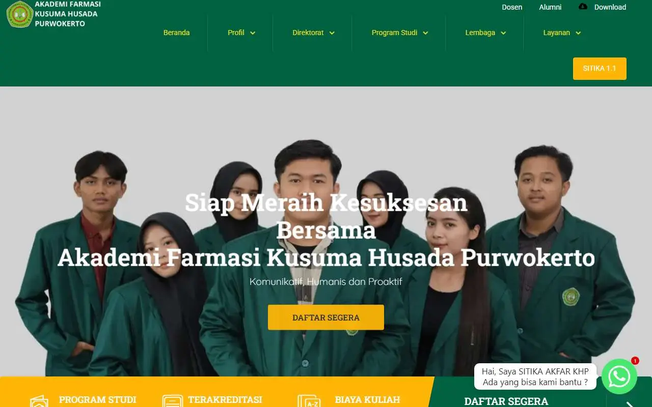 Tampilan website resmi Akademi Farmasi Kusuma Husada Purwokerto (kusumahusada.ac.id)