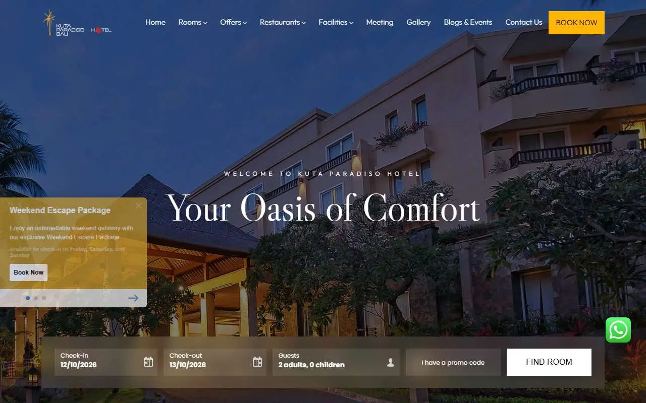 Tampilan website resmi Kuta Paradiso (kutaparadisohotel.com)