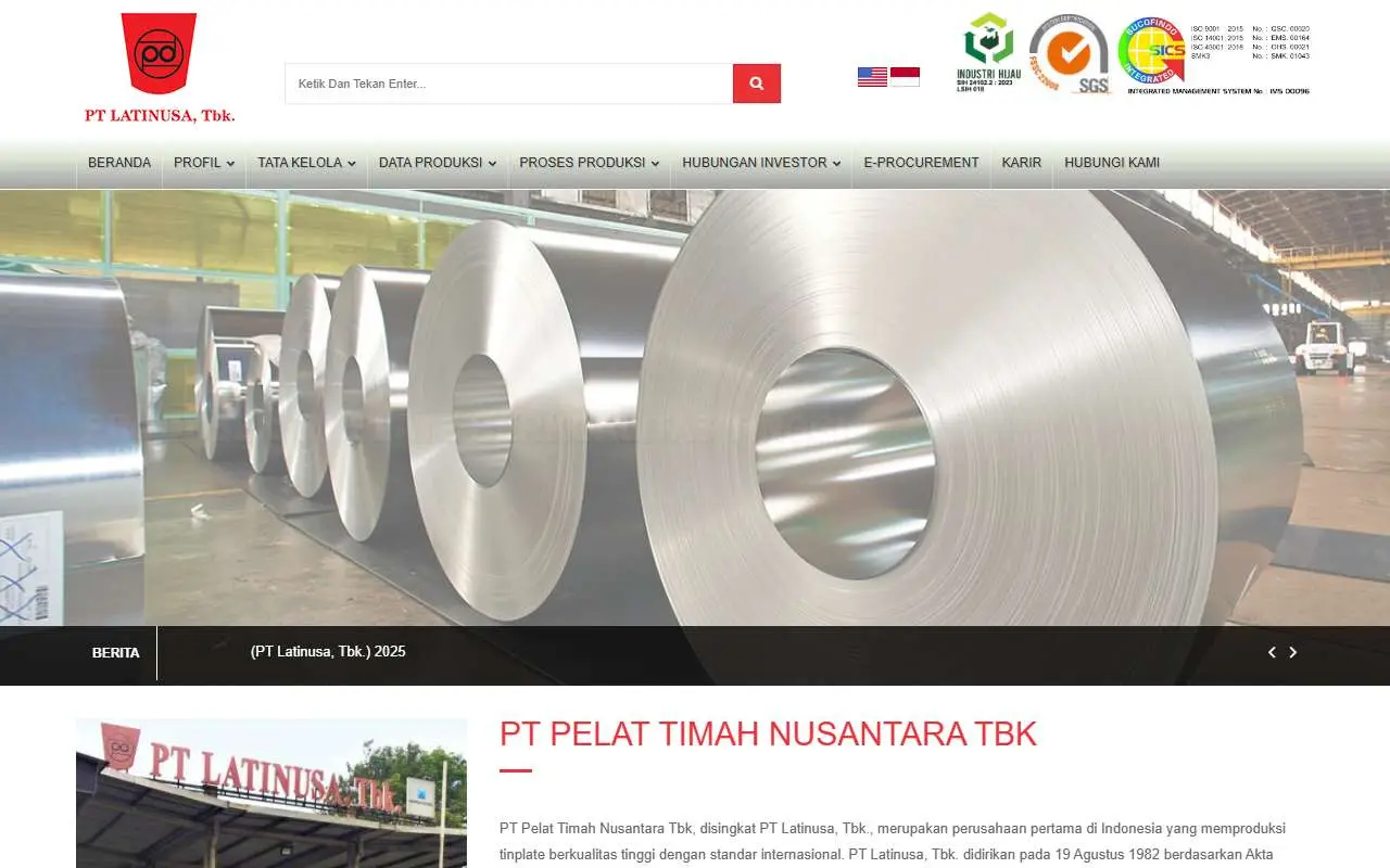 Tampilan website resmi Pelat Timah Nusantara (latinusa.co.id)